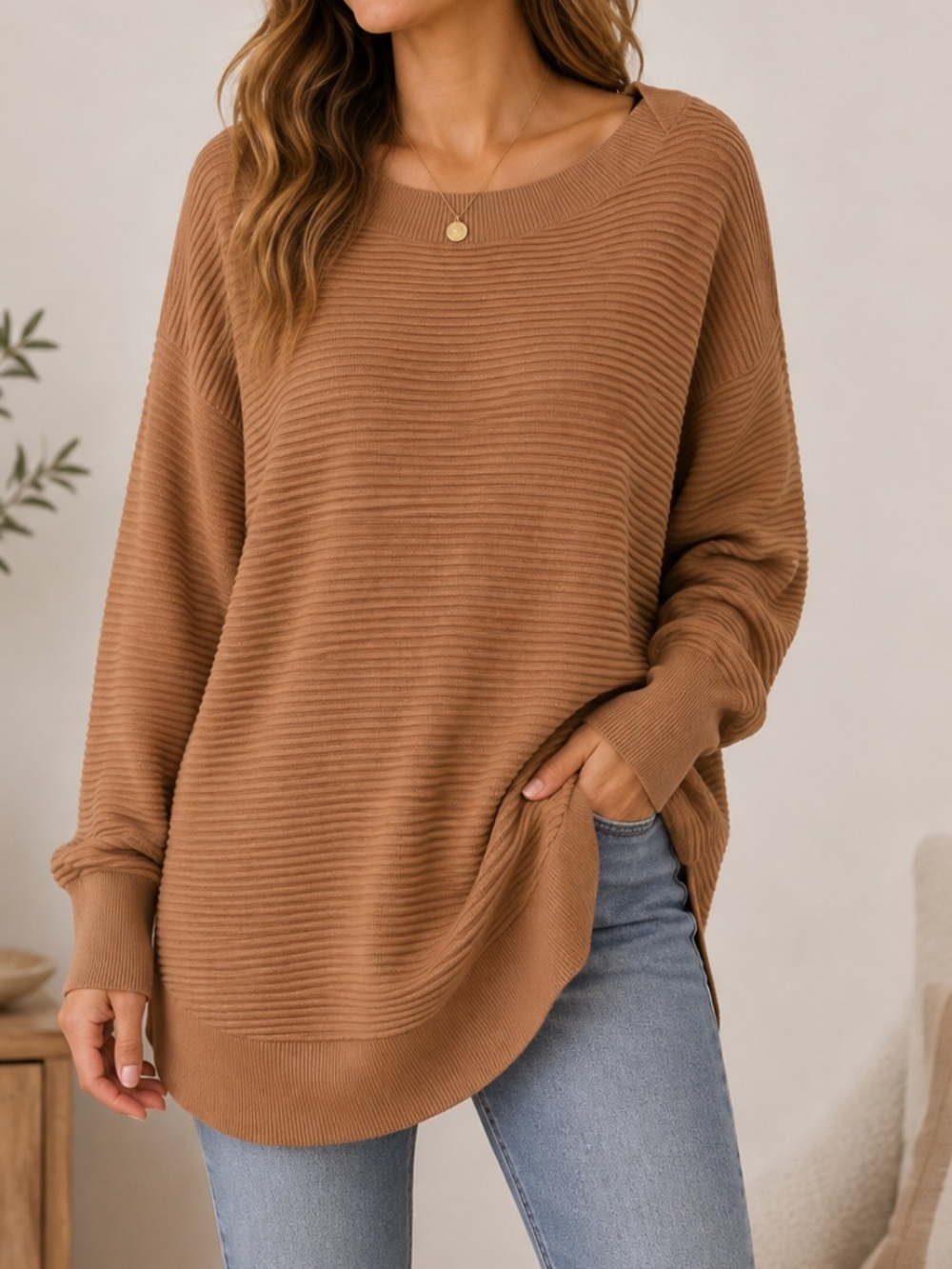 Aerie Offline Stretchy Ribbed Knit Relaxed Slouchy Tunic Sweater Tan Medium